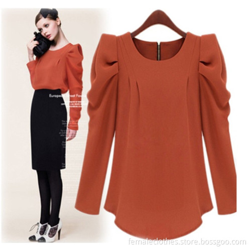 De nya europeiska och amerikanska damer rycka Puff Sleeve Slim rund hals långärmad blouse Kvinnor/jacka